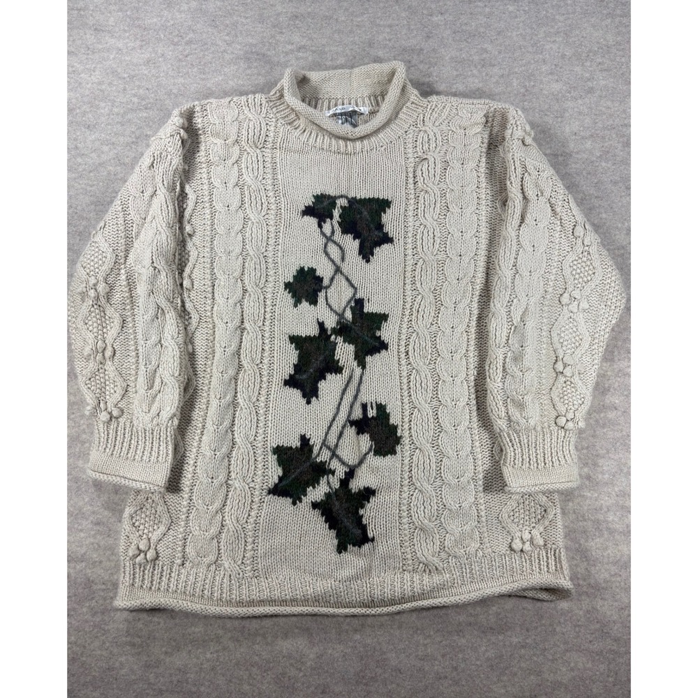 Vintage I.V.Y. Hand Knit Cable Popcorn Sweater Cream Ivy Leaf Mock Neck Large